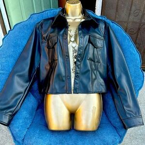 Calvin Klein Large Faux Black Sheen leather utility bomber jacket gently used